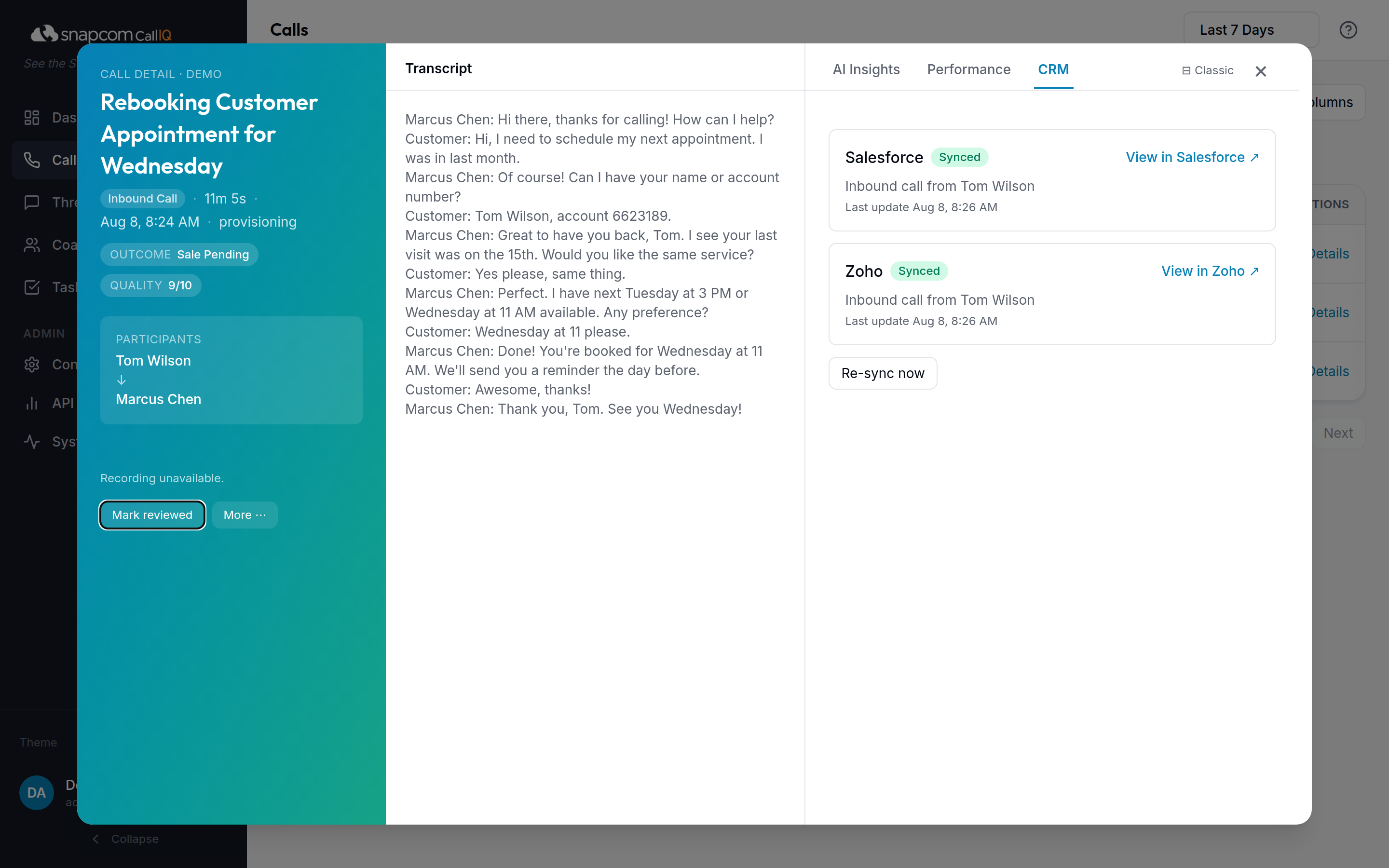 A call synced to Salesforce and Zoho from the CallIQ call detail view