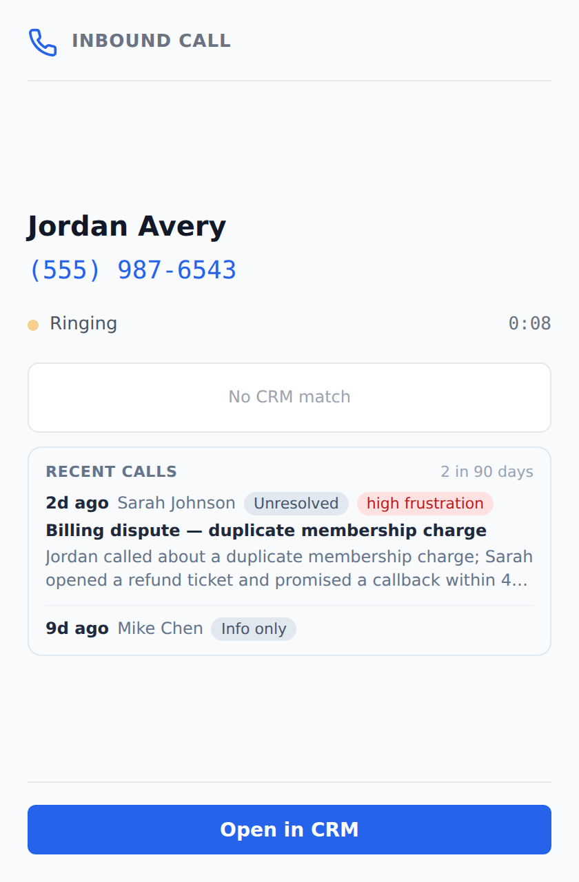 Incoming-call popup showing the caller's recent calls with outcome, sentiment, and a shared call summary